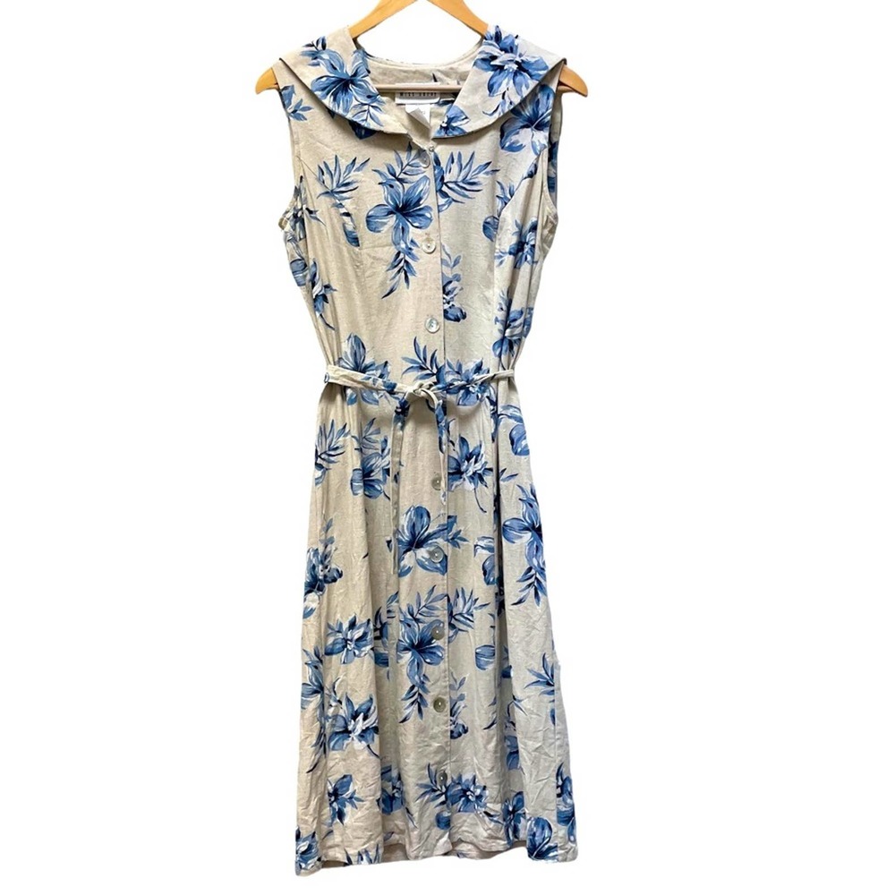 COPY - 80s Vintage Miss Dorby Linen Floral Tropical Button Down Sailor Neck Dre…